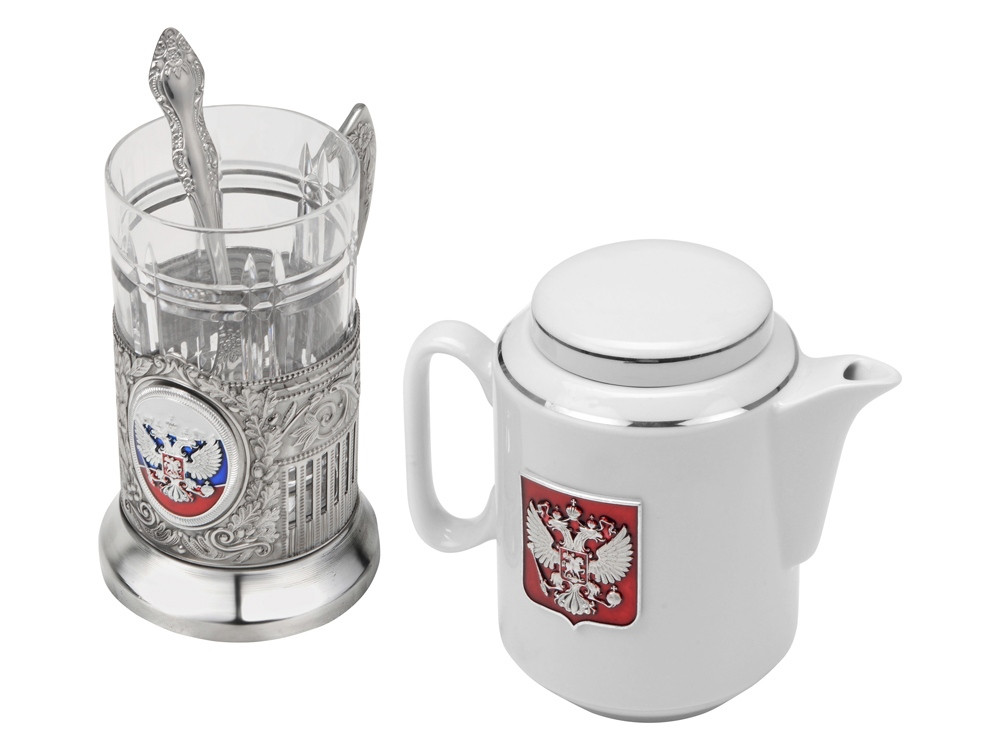 Чайный набор с подстаканником и фарфоровым чайником «ЭГОИСТ-М», серебристый/белый