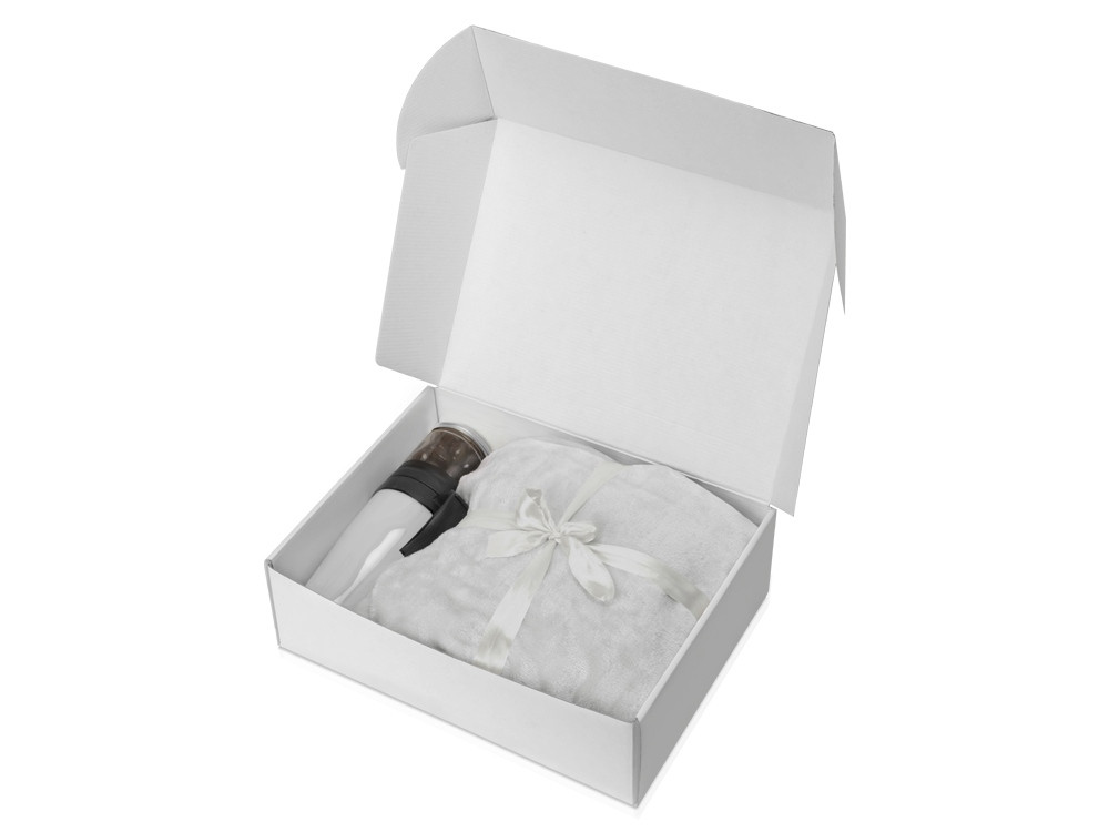 Подарочный набор с пледом, термокружкой и миндалем в шоколадной глазури "Tasty hygge", белый